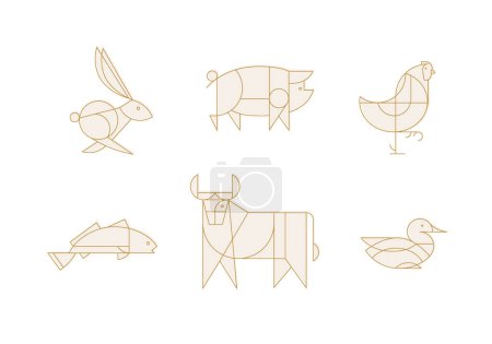 Téléchargez les illustrations : Animaux lapin, porc, poulet, poisson, vache, canard dessin en style art déco linéaire sur fond clair - en licence libre de droit