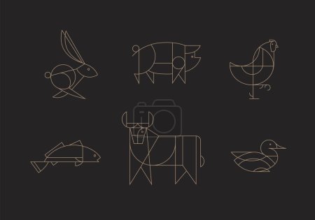 Téléchargez les illustrations : Animaux lapin, porc, poulet, poisson, vache, canard dessin en style art déco linéaire sur fond noir - en licence libre de droit