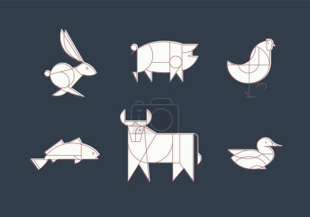 Téléchargez les illustrations : Animaux lapin, porc, poulet, poisson, vache, canard dessin en style art déco linéaire sur fond bleu - en licence libre de droit