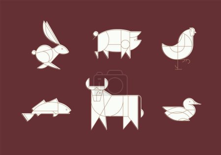 Téléchargez les illustrations : Animaux lapin, porc, poulet, poisson, vache, canard dessin en style art déco linéaire sur fond rouge - en licence libre de droit