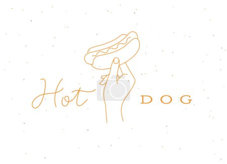 Téléchargez les illustrations : Hot dog main tenant avec saucisse et lettrage dessin dans un style linéaire sur fond clair - en licence libre de droit