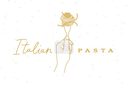 Ilustración de Tenedor de mano con letras de espaguetis Dibujo de pasta italiana en estilo lineal sobre fondo beige - Imagen libre de derechos