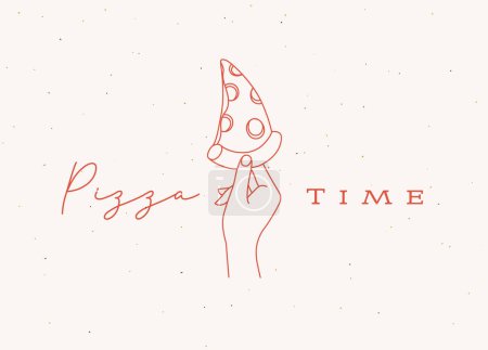Téléchargez les illustrations : Tranche de pizza main tenant avec dessin de lettrage dans un style linéaire sur fond beige - en licence libre de droit