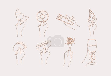 Illustration for Hand holding food croissant, doughnut, sushi, pizza, taco, hot dog, spaghetti, wine drawing in linear style on light background - Royalty Free Image