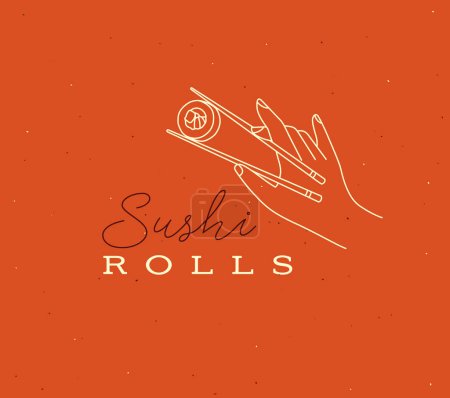 Illustration for Hand holding chopsticks with sushi lettering drawing in linear style on orange background - Royalty Free Image