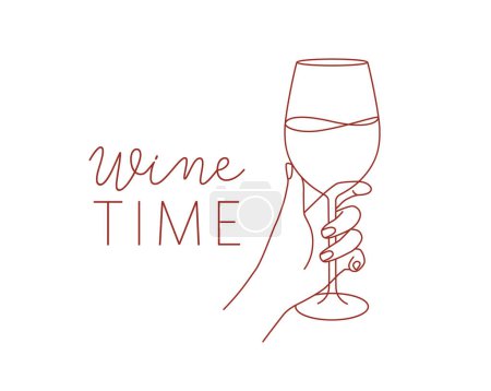 Téléchargez les illustrations : Main tenant verre de vin avec lettrage dessin dans un style linéaire sur fond clair - en licence libre de droit