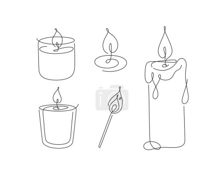 Téléchargez les illustrations : Bougies verre, classique, pot, spirale, match set dessin dans un style linéaire sur fond blanc - en licence libre de droit