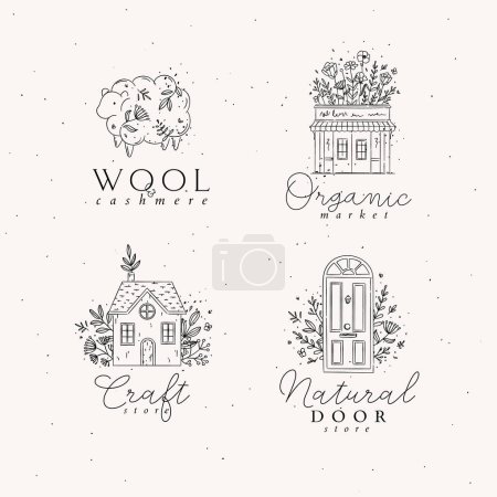 Illustration for Hand drawn sheep, store, house, door labels drawing in floral style on light background - Royalty Free Image
