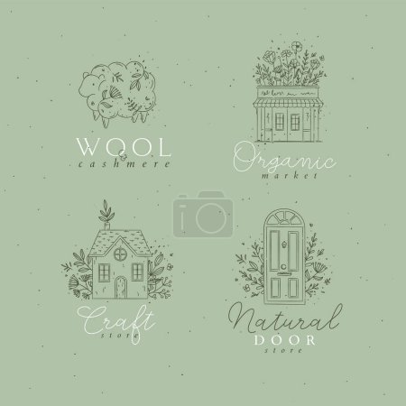 Illustration for Hand drawn sheep, store, house, door labels drawing in floral style on green background - Royalty Free Image