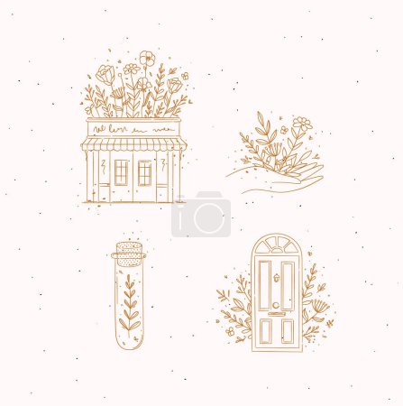 Téléchargez les illustrations : Boutique dessinée à la main, main, éprouvette, icônes de porte dessin dans un style floral sur fond beige - en licence libre de droit