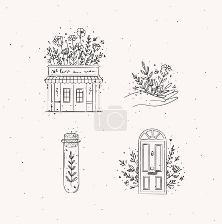 Illustration for Hand drawn store, hand, test tube, door icons drawing in floral style on light background - Royalty Free Image