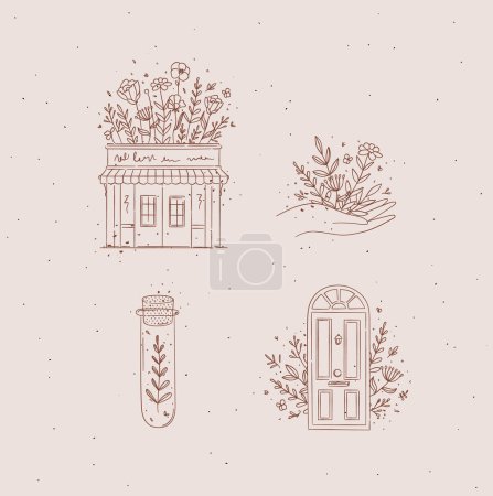 Illustration for Hand drawn store, hand, test tube, door icons drawing in floral style with brown on pink background - Royalty Free Image