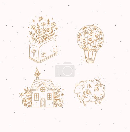 Ilustración de Globo de aire caliente dibujado a mano, tostadora, casa de pueblo, iconos de ovejas dibujando en estilo floral sobre fondo beige - Imagen libre de derechos