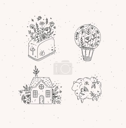 Ilustración de Globo de aire caliente dibujado a mano, tostadora, casa de pueblo, iconos de ovejas dibujando en estilo floral sobre fondo claro - Imagen libre de derechos