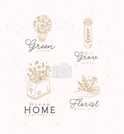 Illustration for Hand drawn hot air balloon, test tube, hand, toaster labels drawing in floral style on beige background - Royalty Free Image