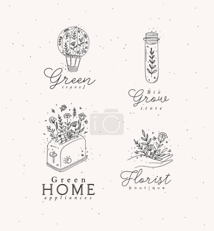 Illustration for Hand drawn hot air balloon, test tube, hand, toaster labels drawing in floral style on light background - Royalty Free Image