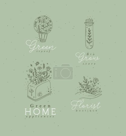 Illustration for Hand drawn hot air balloon, test tube, hand, toaster labels drawing in floral style on green background - Royalty Free Image