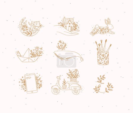 Téléchargez les photos : Eléments floraux maison, chat, lapin, bateau origami, baleine, verre avec brosses, smartphone, scooter dessin en style dessin à la main sur fond beige - en image libre de droit
