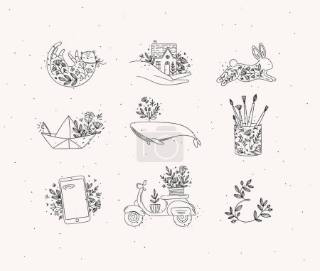 Téléchargez les illustrations : Eléments floraux maison, chat, lapin, bateau origami, baleine, verre avec brosses, smartphone, scooter dessin à la main avec fond noir sur fond beige - en licence libre de droit