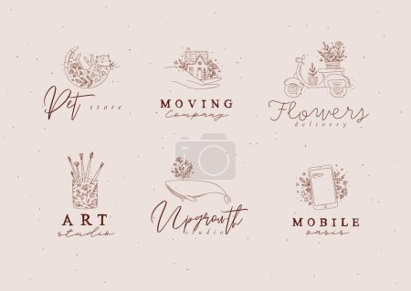 Ilustración de Etiquetas florales casa, gato, ballena, vidrio con cepillos, teléfono inteligente, scooter con dibujo de letras en estilo de dibujo a mano con marrón sobre fondo beige - Imagen libre de derechos