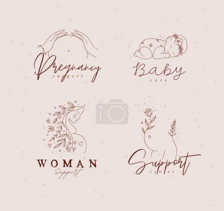Illustration for Pregnancy labels female torso, silhouette of a pregnant woman, sleeping child with lettering drawing in floral hand-drawing style with black on beige background - Royalty Free Image
