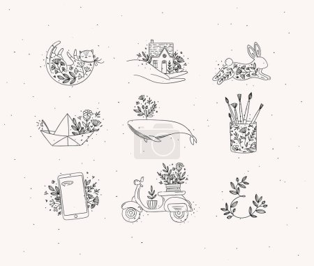 Ilustración de Elementos florales casa, gato, conejo, barco de origami, ballena, vidrio con cepillos, teléfono inteligente, dibujo de scooter en estilo de dibujo a mano con negro sobre fondo beige - Imagen libre de derechos
