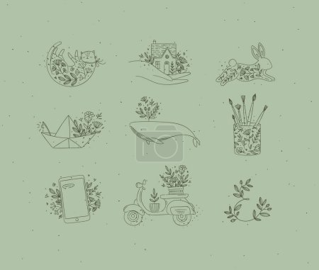 Ilustración de Elementos florales casa, gato, conejo, barco de origami, ballena, vidrio con cepillos, teléfono inteligente, dibujo de scooter en estilo de dibujo a mano sobre fondo verde - Imagen libre de derechos