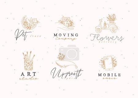 Illustration for Floral labels house, cat, whale, glass with brushes, smartphone, scooter with lettering drawing in hand-drawing style on beige background - Royalty Free Image