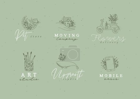 Ilustración de Etiquetas florales casa, gato, ballena, vidrio con cepillos, teléfono inteligente, scooter con dibujo de letras en estilo de dibujo a mano sobre fondo verde - Imagen libre de derechos