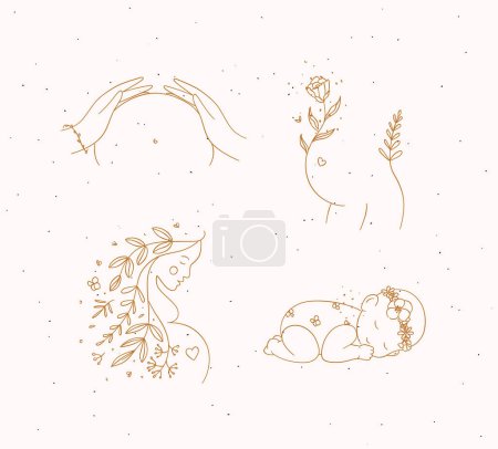 Ilustración de Embarazo símbolos torso femenino, silueta de una mujer embarazada, niño dormido dibujo en estilo floral dibujo a mano sobre fondo beige - Imagen libre de derechos