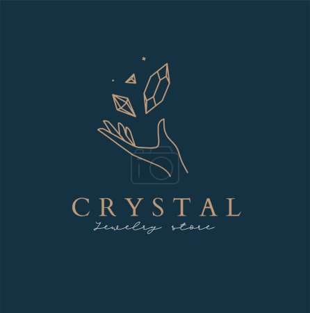 Hand mit Diamant und Schriftzug Kristall Schmuckgeschäft Zeichnung in linearem Stil auf türkisfarbenem Hintergrund