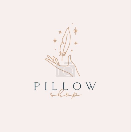 Illustration for Hand with feather and lettering pillow shop drawing in linear style on beige background - Royalty Free Image