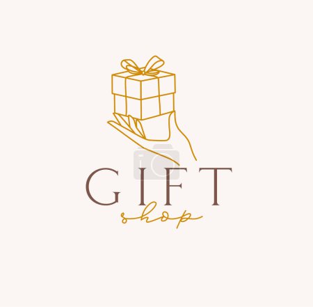 Téléchargez les photos : Main tenant boîte cadeau avec lettrage boutique de cadeaux dessin dans un style linéaire sur fond beige - en image libre de droit
