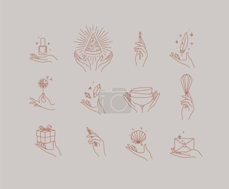 Illustration for Hands with elements nail polish, pizza, pen, ink, feather, dandelion, crystal, bowl, dishes, whisk, box, pencil, seashell, envelope drawing in linear style on beige background - Royalty Free Image