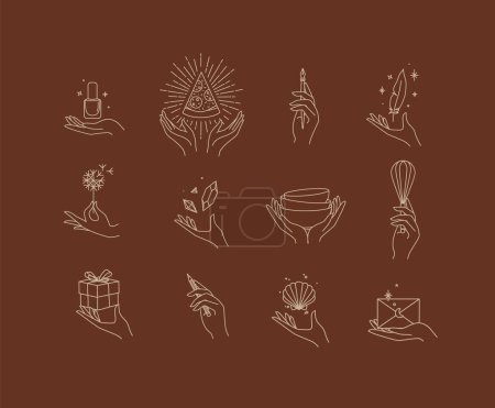 Illustration for Hands with elements nail polish, pizza, pen, ink, feather, dandelion, crystal, bowl, dishes, whisk, box, pencil, seashell, envelope drawing in linear style on brown background - Royalty Free Image