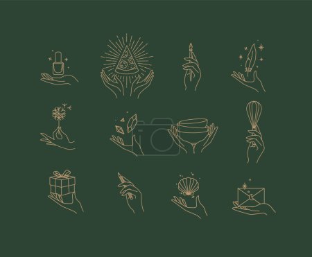 Illustration for Hands with elements nail polish, pizza, pen, ink, feather, dandelion, crystal, bowl, dishes, whisk, box, pencil, seashell, envelope drawing in linear style on green background - Royalty Free Image