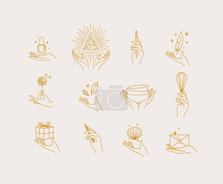 Illustration for Hands with elements nail polish, pizza, pen, ink, feather, dandelion, crystal, bowl, dishes, whisk, box, pencil, seashell, envelope drawing in linear style on light background - Royalty Free Image