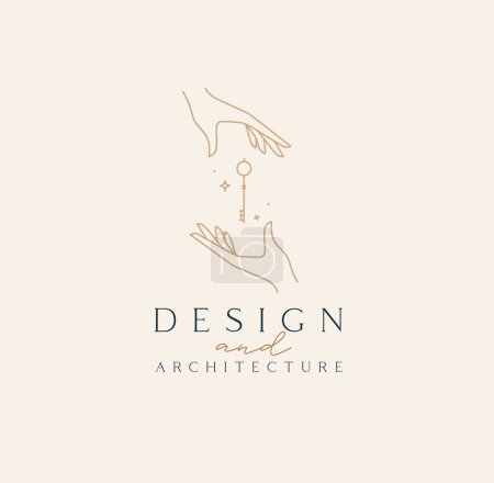 Téléchargez les photos : Main avec clé et lettrage design et dessin d'architecture en style linéaire sur fond beige - en image libre de droit