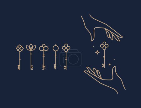 Illustration for Key collection composition with hands drawing in linear style on blue background - Royalty Free Image