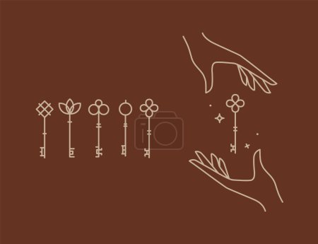 Téléchargez les photos : Composition de la collection de clés avec dessin à la main dans un style linéaire sur fond brun - en image libre de droit