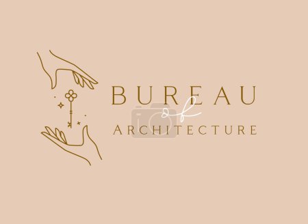 Illustration for Hand with key and lettering bureau of architecture drawing in linear style on beige background - Royalty Free Image