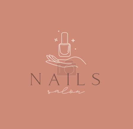 Illustration for Hand with nail polish and lettering nails salon drawing in linear style on coral background - Royalty Free Image