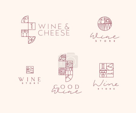 Ilustración de Marca de vino etiquetas de letras art deco dibujo en estilo lineal sobre fondo claro - Imagen libre de derechos