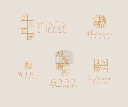 Téléchargez les illustrations : Marque de vin art déco lettrage étiquettes dessin dans un style linéaire sur fond beige - en licence libre de droit