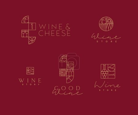 Téléchargez les photos : Marque de vin étiquettes de lettrage art déco dessin dans un style linéaire sur fond rouge - en image libre de droit