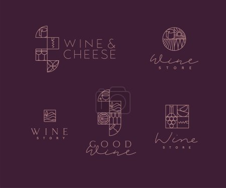 Téléchargez les illustrations : Marque de vin étiquettes lettrage art déco dessin en style linéaire sur fond violet - en licence libre de droit