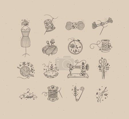 Sewing item icons scissors, mannequin, pin, thimble, wool, threads, yarn, skein, bobbin, pillow, sewing machine, hanger, embroidery circle, hook drawing in floral style on coffee color background