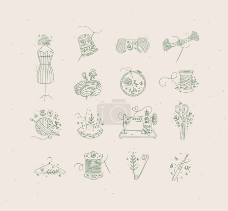 Sewing item icons scissors, mannequin, pin, thimble, wool, threads, yarn, skein, bobbin, pillow, sewing machine, hanger, embroidery circle, hook drawing in floral style with green on beige background