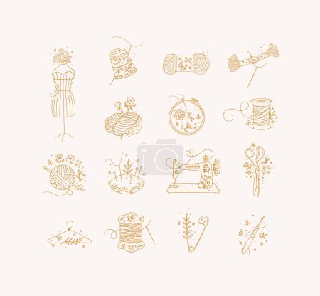 Sewing item icons scissors, mannequin, pin, thimble, wool, threads, yarn, skein, bobbin, pillow, sewing machine, hanger, embroidery circle, hook drawing in floral style with beige on light background