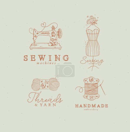 Ilustración de Máquina de coser símbolos, maniquí, lana, hilo con dibujo de letras en estilo floral sobre fondo turquesa - Imagen libre de derechos